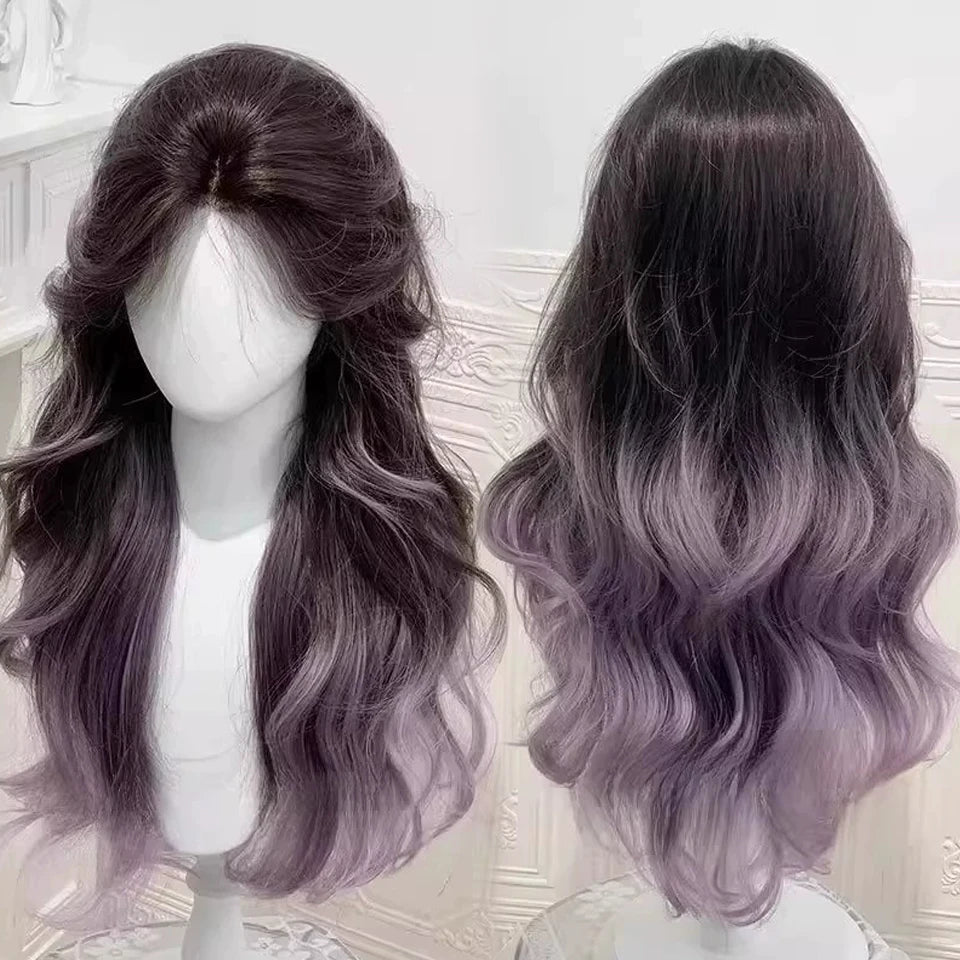 Ingvn  Long Wavy Pink Wig with Bangs Synthetic Cosplay Natural Lolita Purple Green Wig Halloween Costume Wig for Women Daily Wear