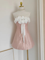 Ingvn  French Elegant Sweet Socialite Birthday Party Dress 3D Flower Strapless High Waist Fishbone Slim Pink Short Evening Dress Women
