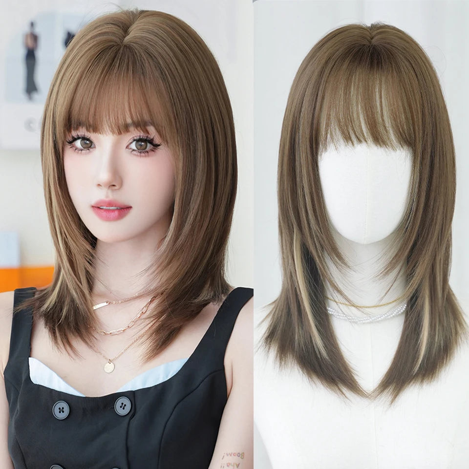 Ingvn  ﻿ Short Brown Straight Synthetic Wig with Bangs Curly Hair Pink Green Lolita Wigs for Women Daily Party Cosplay Christmas Wig