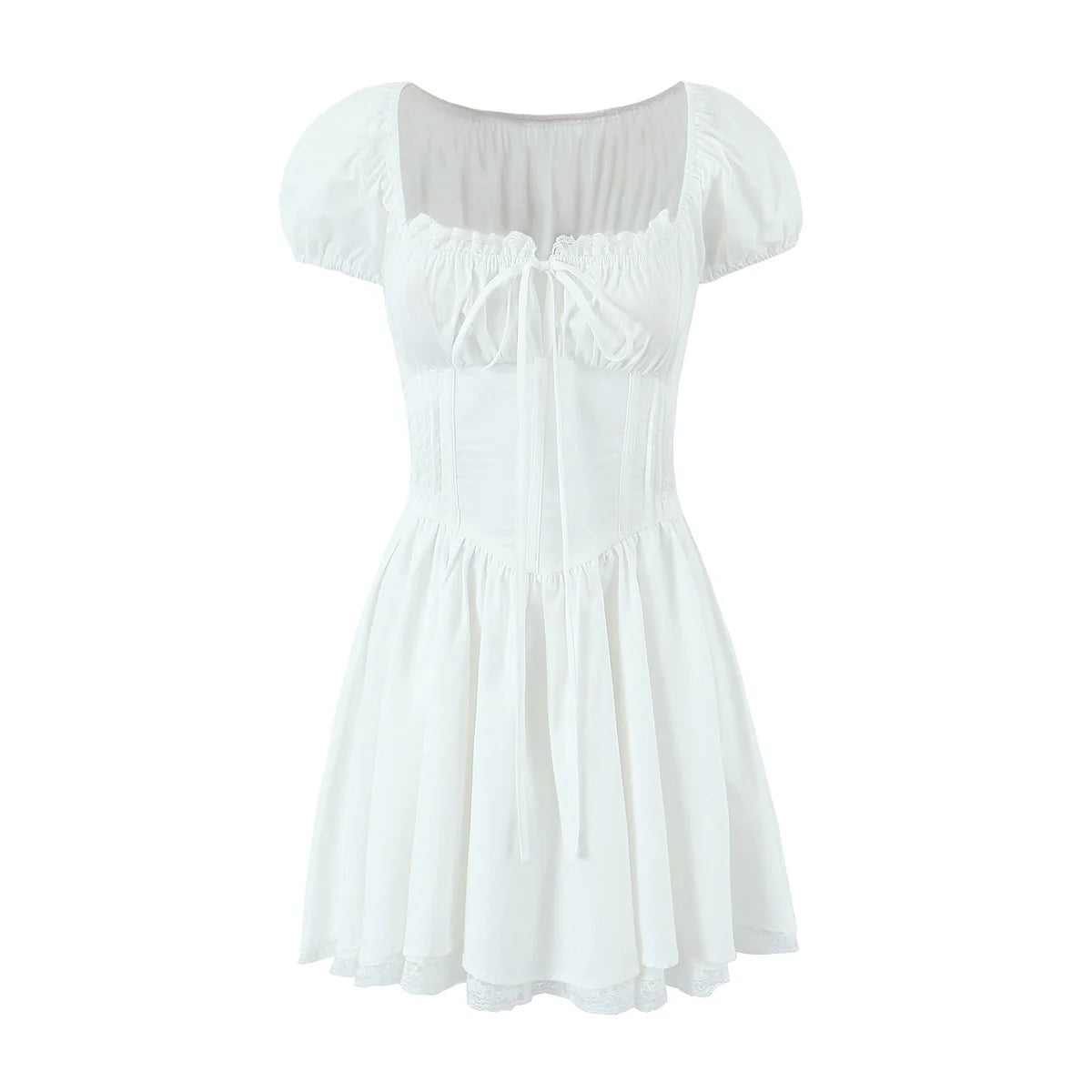 Ingvn  Sweet Women Ruched Chest Fish bow Waist Corset Style Dress Short Sleeve Cross Bandage Lacing up Back Bodycon Mini Party Robe