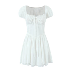 Ingvn  Sweet Women Ruched Chest Fish bow Waist Corset Style Dress Short Sleeve Cross Bandage Lacing up Back Bodycon Mini Party Robe