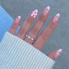 White French Press on Nails 3D Bowknot Designs Nude Color Fake Nails Wearable False Nails Tips for Women DIY Manicure 24Pcs