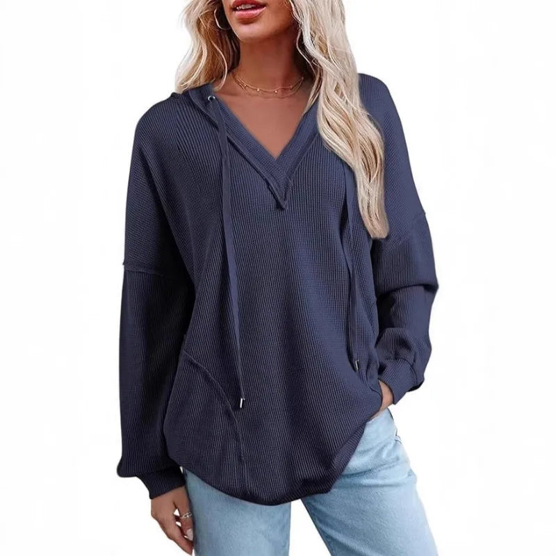 Ingvn - Women Solid Wfle Knit Hoodie V Neck Long Sleeve Loose Casual Pullover Top