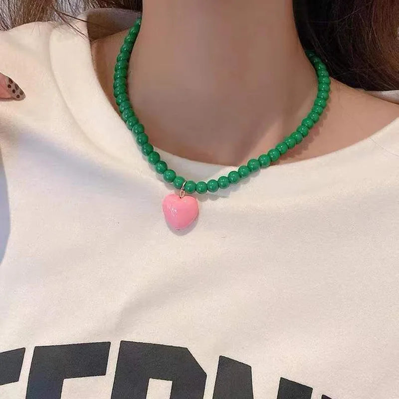 Ingvn  Sweater Chain Y2K Simple Alloy Women Jewelry Accessories Korean Necklace Rainbow Color Necklace Love Heart Pendant DIY
