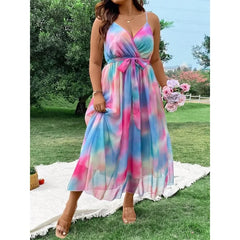 Ingvn  Plus Size 1XL-5XL New Fashion Women Clothing Floral Sexy Evening Dresses Elegant and Beautiful Halterneck Long Dresses Mesh Hem