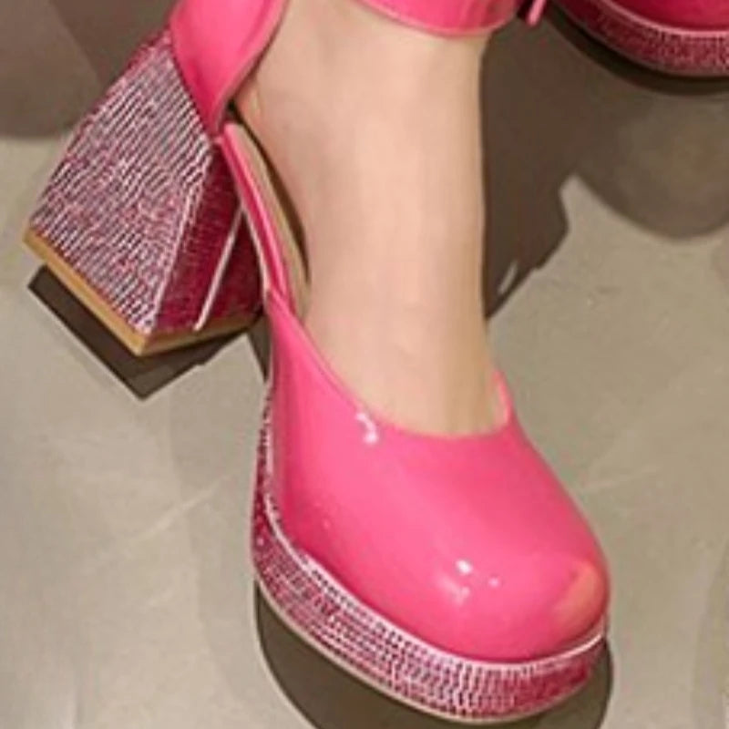 Ingvn  Plus size women's shoes new sexy round toe shallow mouth one-word buckle diamond thick heel shoes