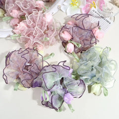 Ingvn  Sweet Cute Floral Mesh Scrunchie Sweet Dot Mesh Ruffled Sheer Tulle Flower Hair Rope French Romantic Large Hair Ties