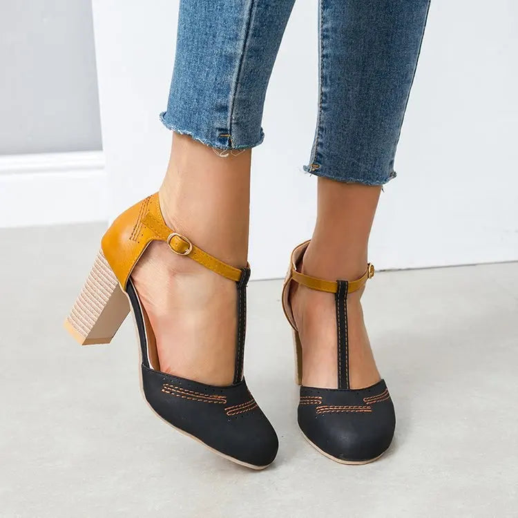 Ingvn  Ladies' Sandals Heel High Shoes Pumps Square Ladies Platform Round Toe T-tied Square Heel Wedding Dress Shoes Casual Rome Pumps