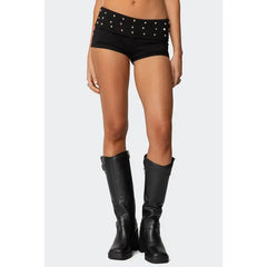 Ingvn  Women's Y2K Elastic Low Rise Studded Shorts Punk Fold Over Waist Slim Fit Skinny Goth Micro Mini Shorts Sexy Loungewear Bottoms