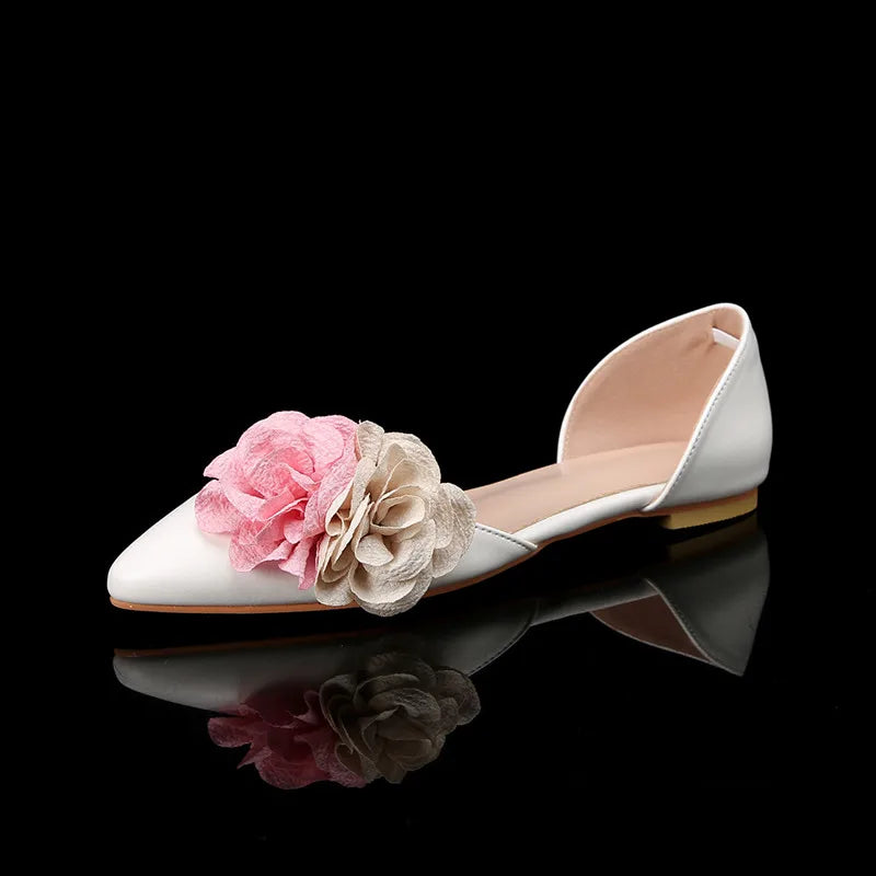 Ingvn  Sweet Flowers Mixed-colors Women Flats Pumps Spring Summer Fashion Satin White Low Heeled Elegant Pointed Toe Ladies Dress Shoes