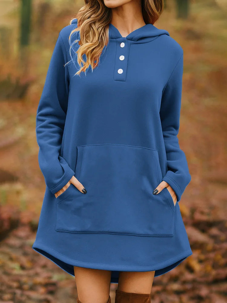 Ingvn - European American Autumn Winter New Style Women Casual Loose Fashion Solid Color Long Sleeve Pocket Pullover Hooded Sweatshirt