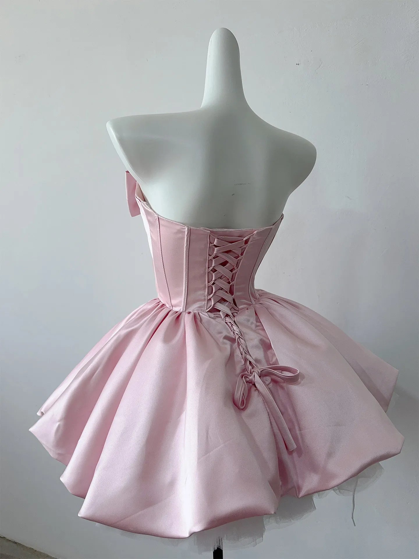 Ingvn  Summer French Elegant Sweet Princess Birthday Party Pink Dress Bow Strapless High Waist Lace-up Puffy Short Dress for Women