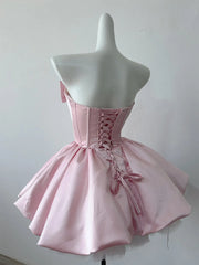 Ingvn  Summer French Elegant Sweet Princess Birthday Party Pink Dress Bow Strapless High Waist Lace-up Puffy Short Dress for Women