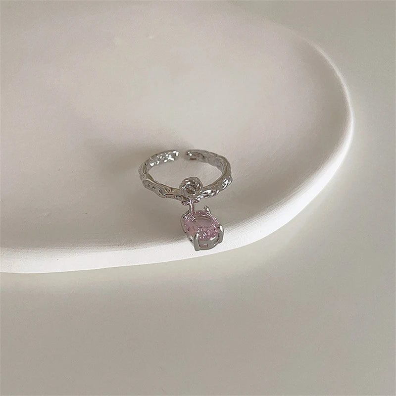 Ingvn  Pink Crystal Irregular Heart Rings Creative Zircon Bowknot Opal Love Heart Open Ring Y2K Shiny Rings for Women Party Jewelry