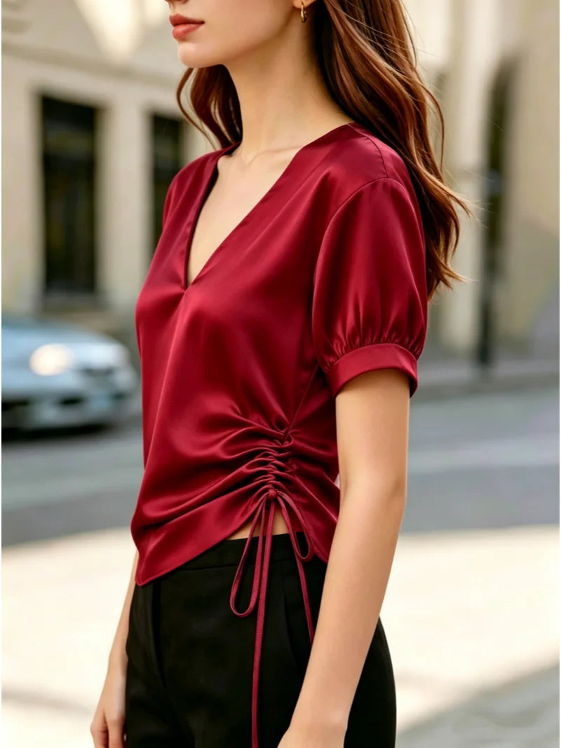 Ingvn  Women's V Neck Short Sleeve Satin Blouse with Side Ruched Tie Detail, Slim Fit Top for Casual or Office Wear