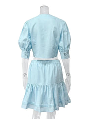 Ingvn  Cotton Linen Short Jacket And Skirt Set Sweet Style Bubble Sleeve Clothing Women's Fashion Spring Summer Casual Wear