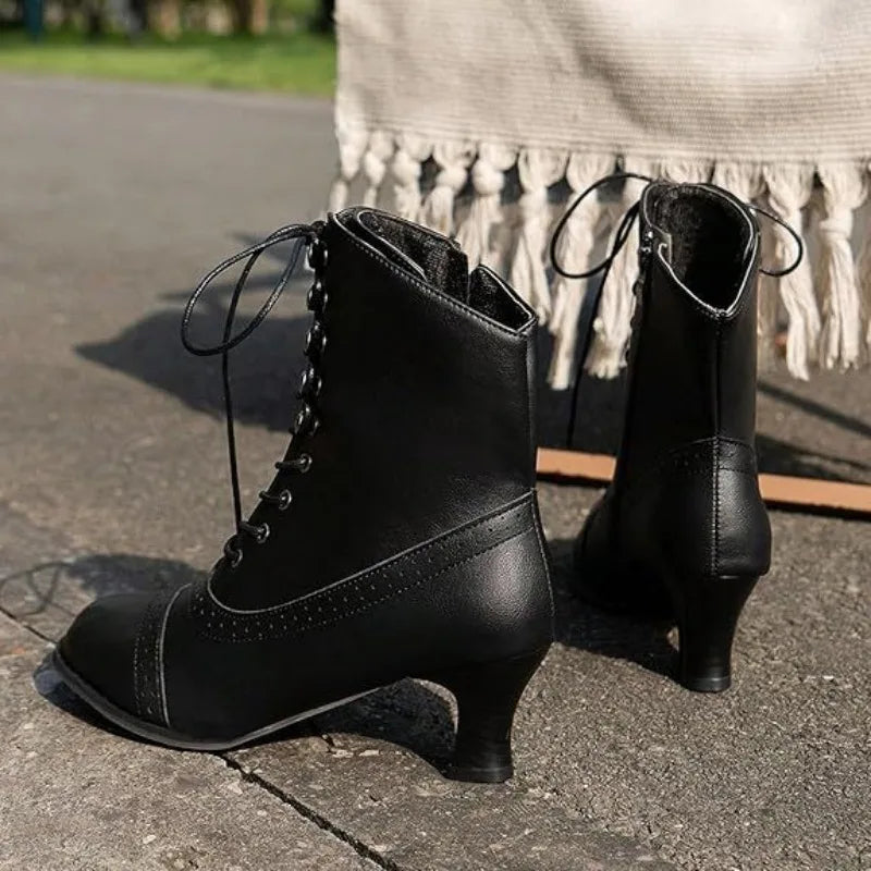 Ingvn  New Lace Up Ladies High Heel Shoes Strange Steampunk Boot Victorian Ankle Boots Women Pointed Toe Thick Soled Short Boots