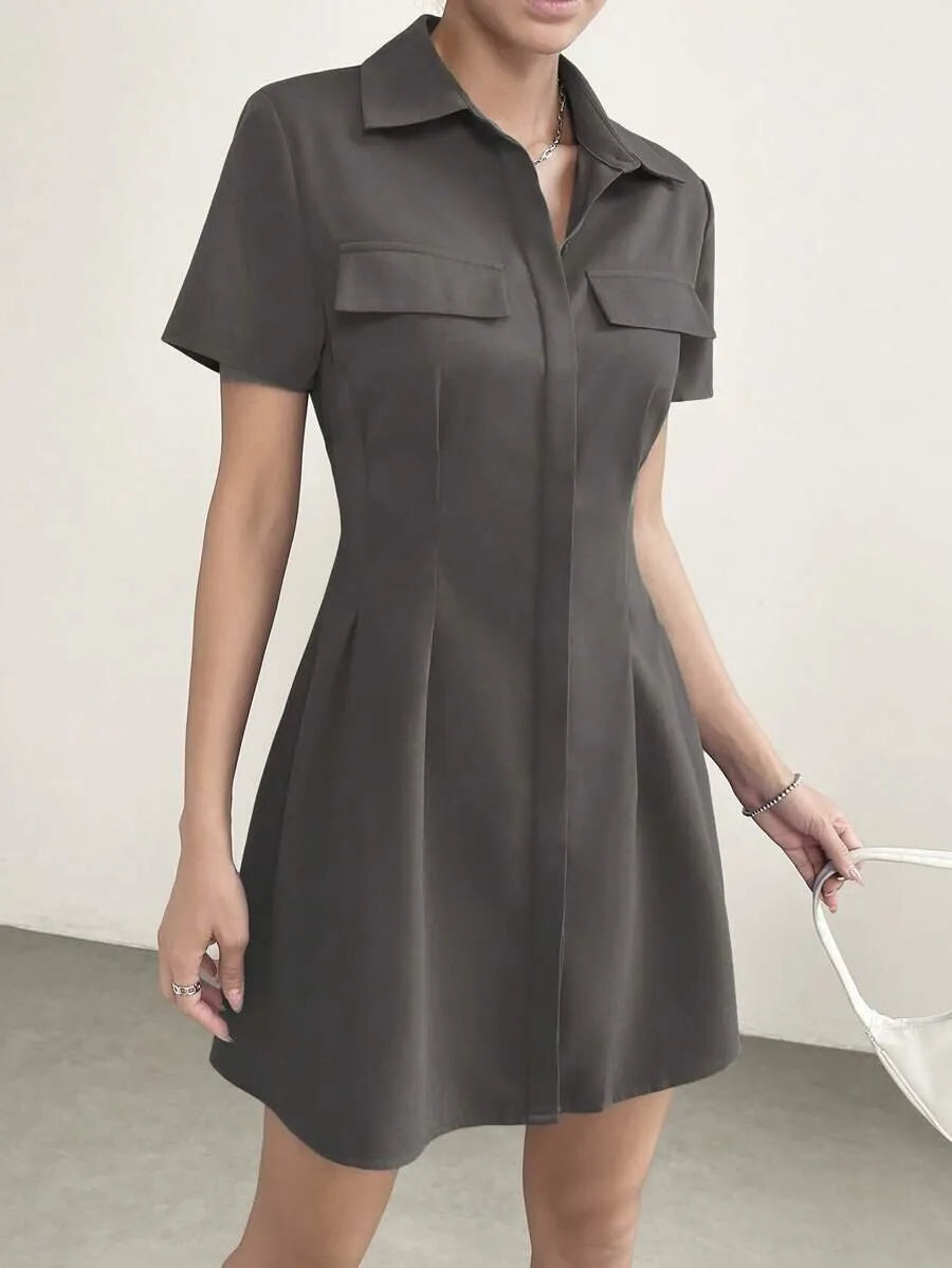 Ingvn  Women's Lapel Collar Pleated Waist Short Sleeve Shirt Dress Casual Solid Mini Dress
