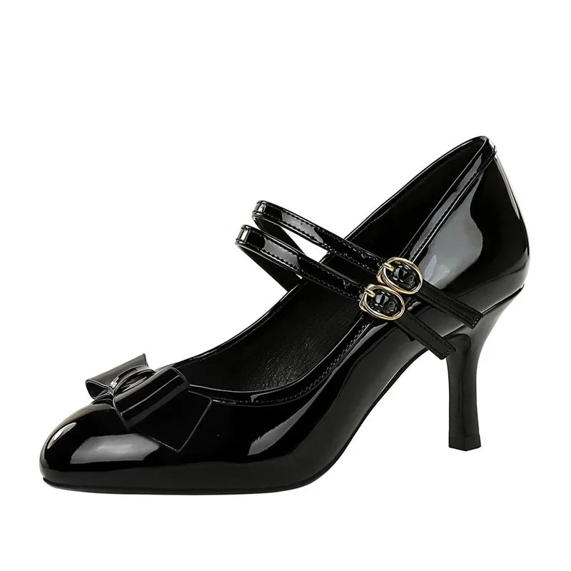 Ingvn  Lolita Style Sweet Bowknot Patent Leather Women Pumps Fashion Strap Buckle Mary Janes 7cm High heels Spring Summer Cosplay Shoes