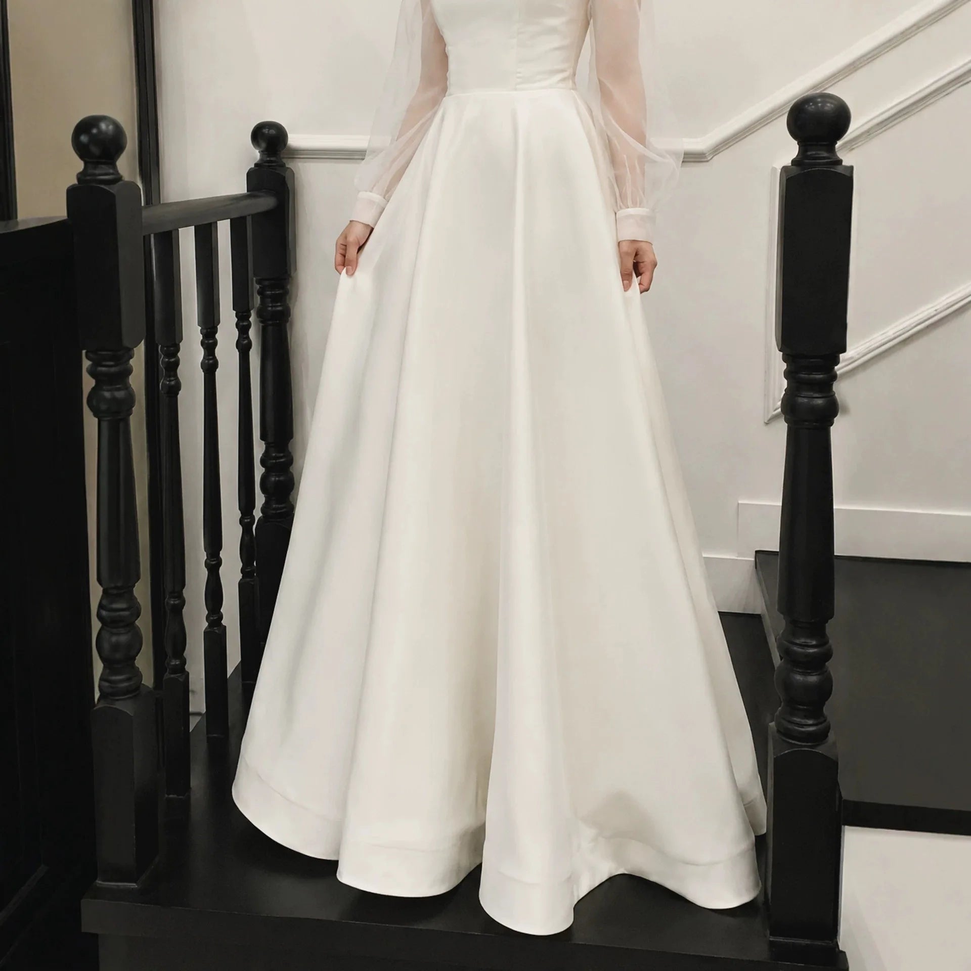 Ingvn - Korean Satin Bridal Gown Off‑Shoulder Sheer Long Sleeve A‑Line Floor Length Simple Wedding Dress For Women Bridal Party
