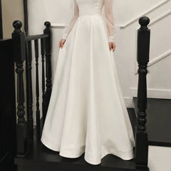 Ingvn - Korean Satin Bridal Gown Off‑Shoulder Sheer Long Sleeve A‑Line Floor Length Simple Wedding Dress For Women Bridal Party