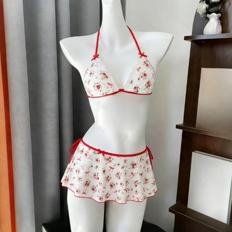 Ingvn  Women's Cute Floral Print Bikini Set Halter Strap Two Piece Swimsuit Ruffle Trim Backless Beachwear Summer Fashion Bathing Suit