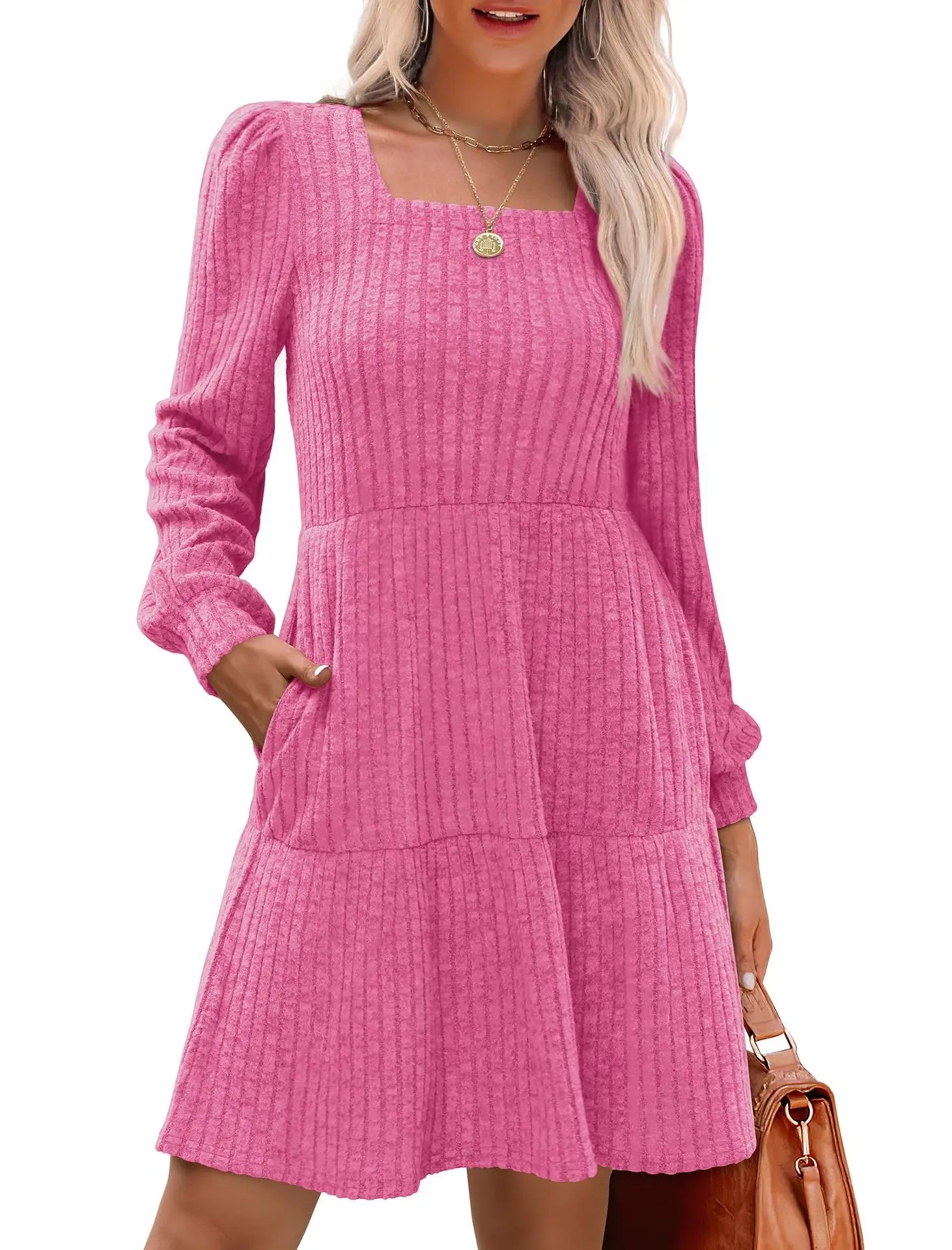 Ingvn  European and American Women's Square Collar Long Sleeve Autumn Dress Casual Baby Sweater