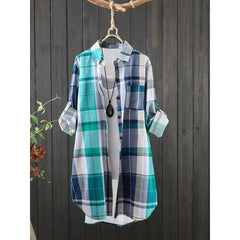 Ingvn  Plus Size 1XL-5XL Women‘s Mid Length Plaid Print Women Autumn Shirts Casual Female Fashion Long Sleeve Single-breasted Blouses ﻿