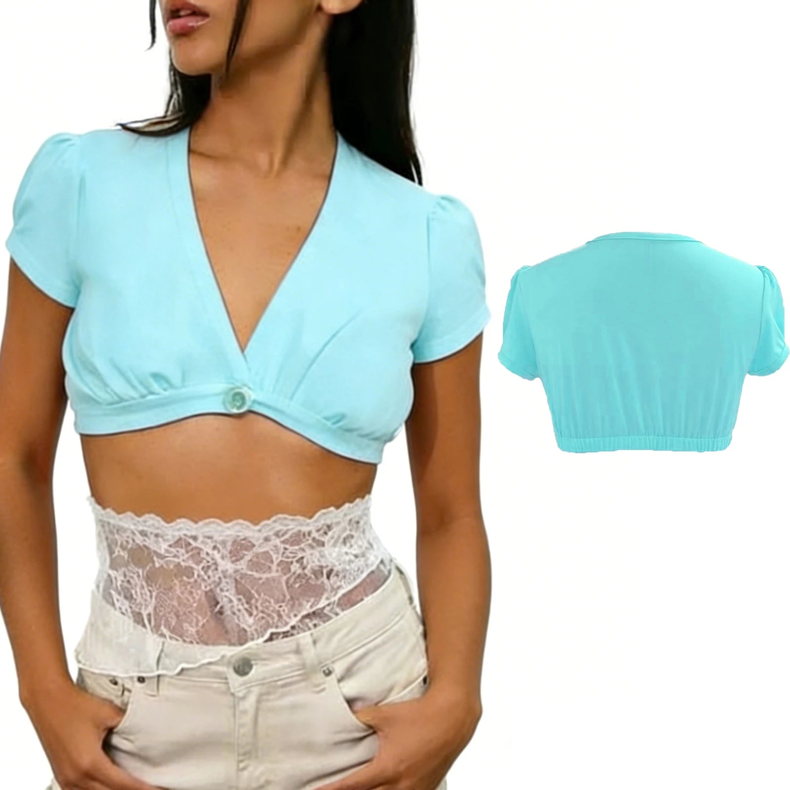 Ingvn  Women's Summer Cropped Tops Solid Puff Sleeve Y2k Single One Button Deep V Neck Super Short T-shirt Going Out Shirts