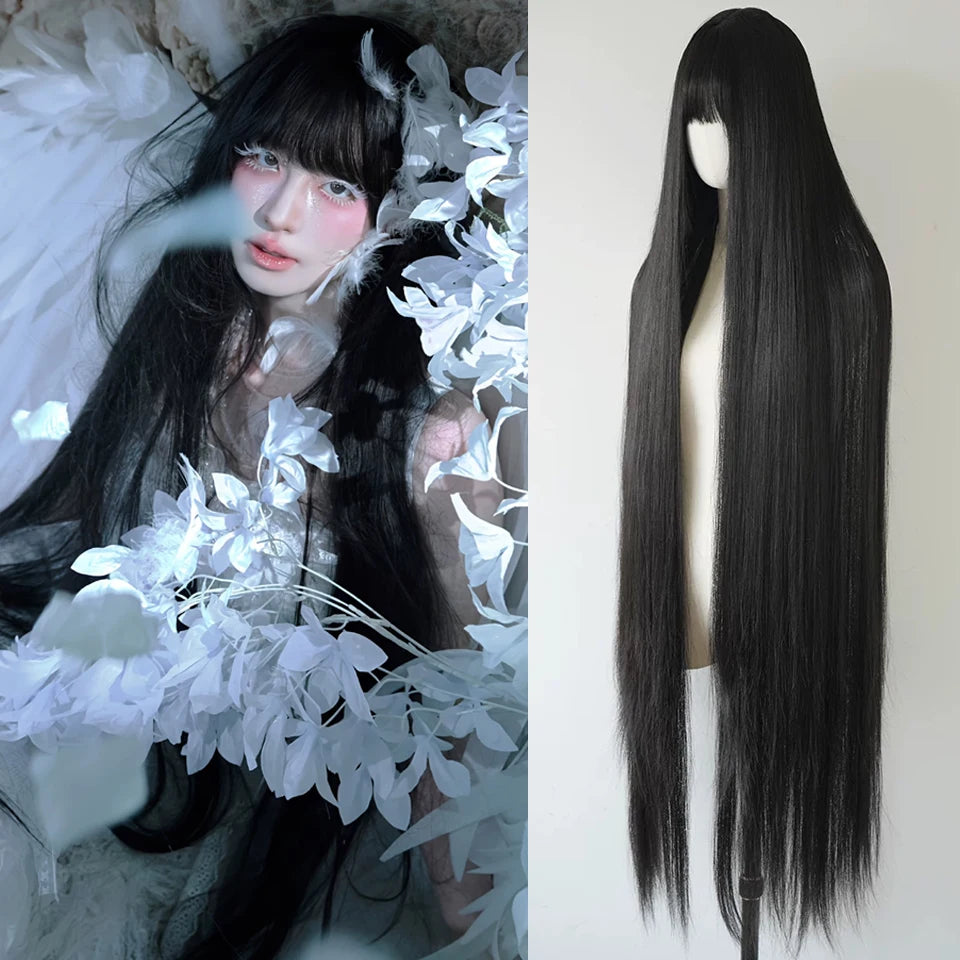 Ingvn - Super Long 100m Wavy Pink Fluffy Wig With Bangs Synthetic Halloween Cosplay Party Green Natural Looking Lolita Wigs For Women