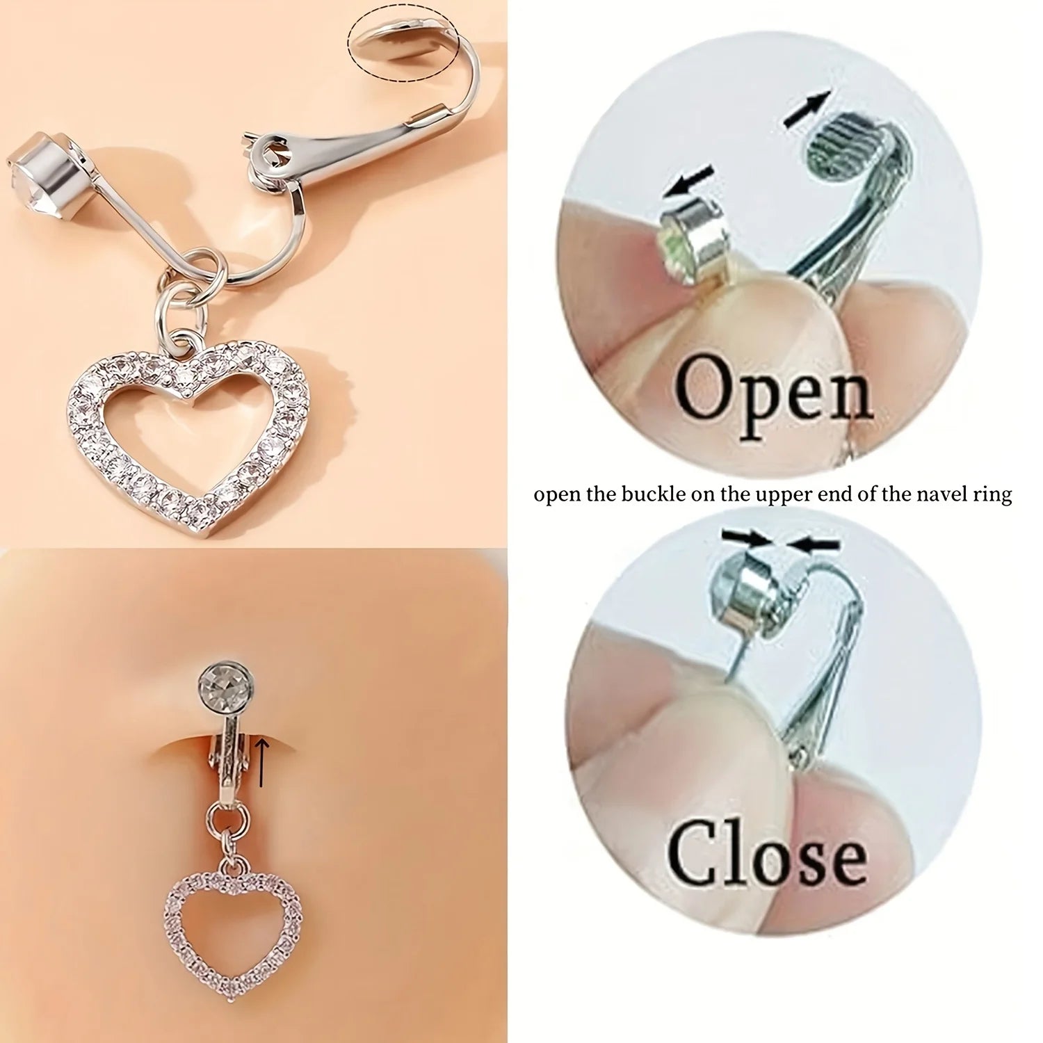 Ingvn  2 Pcs Elegant Clip-On Fake Belly Button Rings for Women - 304 Stainless Steel, Heart, Butterfly & More Designs, Ideal Gift