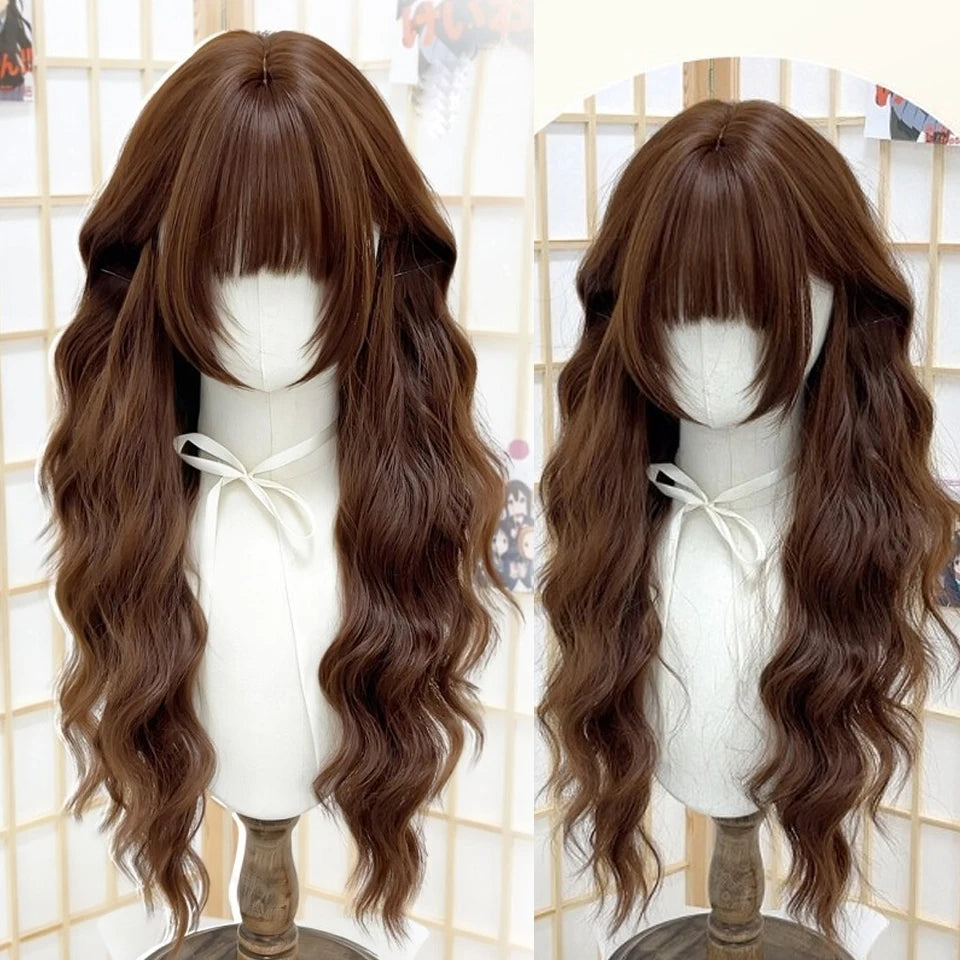 Ingvn  Long Wavy Pink Wig with Bangs Synthetic Cosplay Natural Lolita Purple Green Wig Halloween Costume Wig for Women Daily Wear