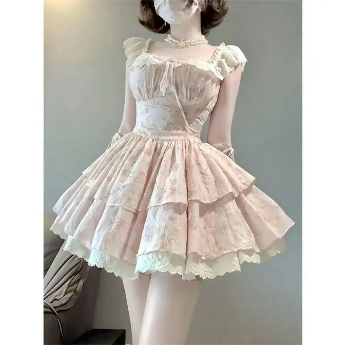 Ingvn  Princess Style Sweet Floral Print  Dress Women's Summer Gentle Wind Puffy Sleeveless Skirt Elegant Fairy Tale Short Dress