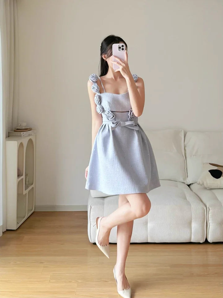 Ingvn  French Style Elegant Blue 3D Floral Birthday Party Dresses Square Neck Sleeveless High Waist A-line Mini Dress for Women Summer