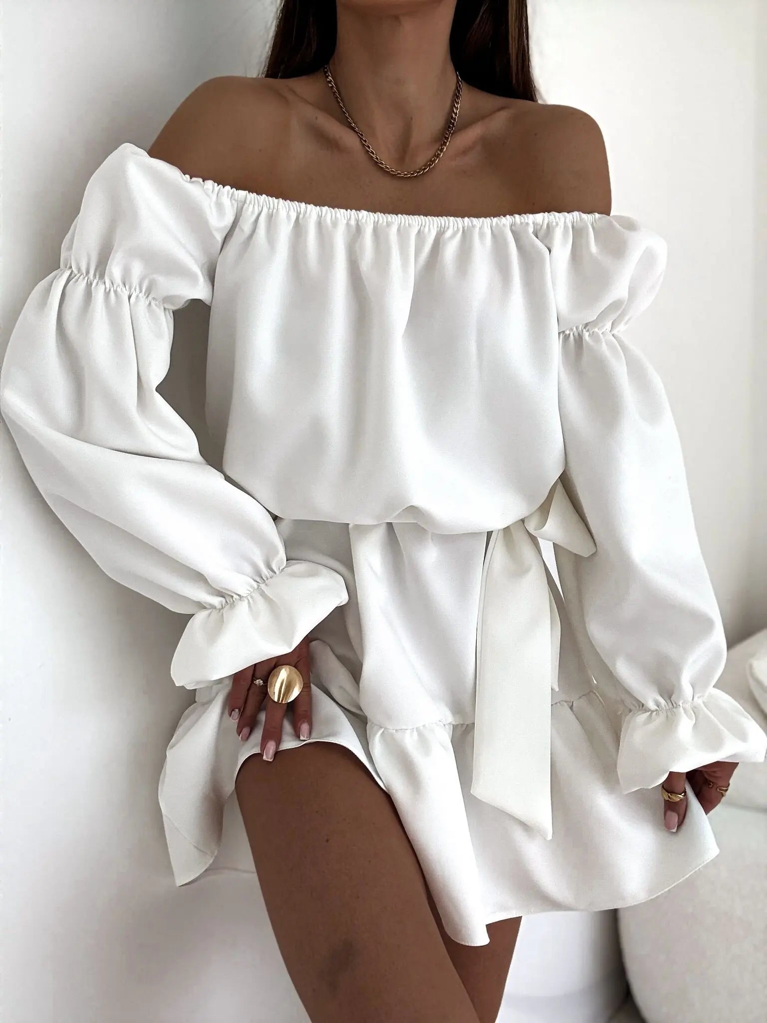 Ingvn  Women's Mini Dress Peplum Dresses Elegant Daily Holiday Going out Regular Fit Pure Color Long Sleeve Off Shoulder