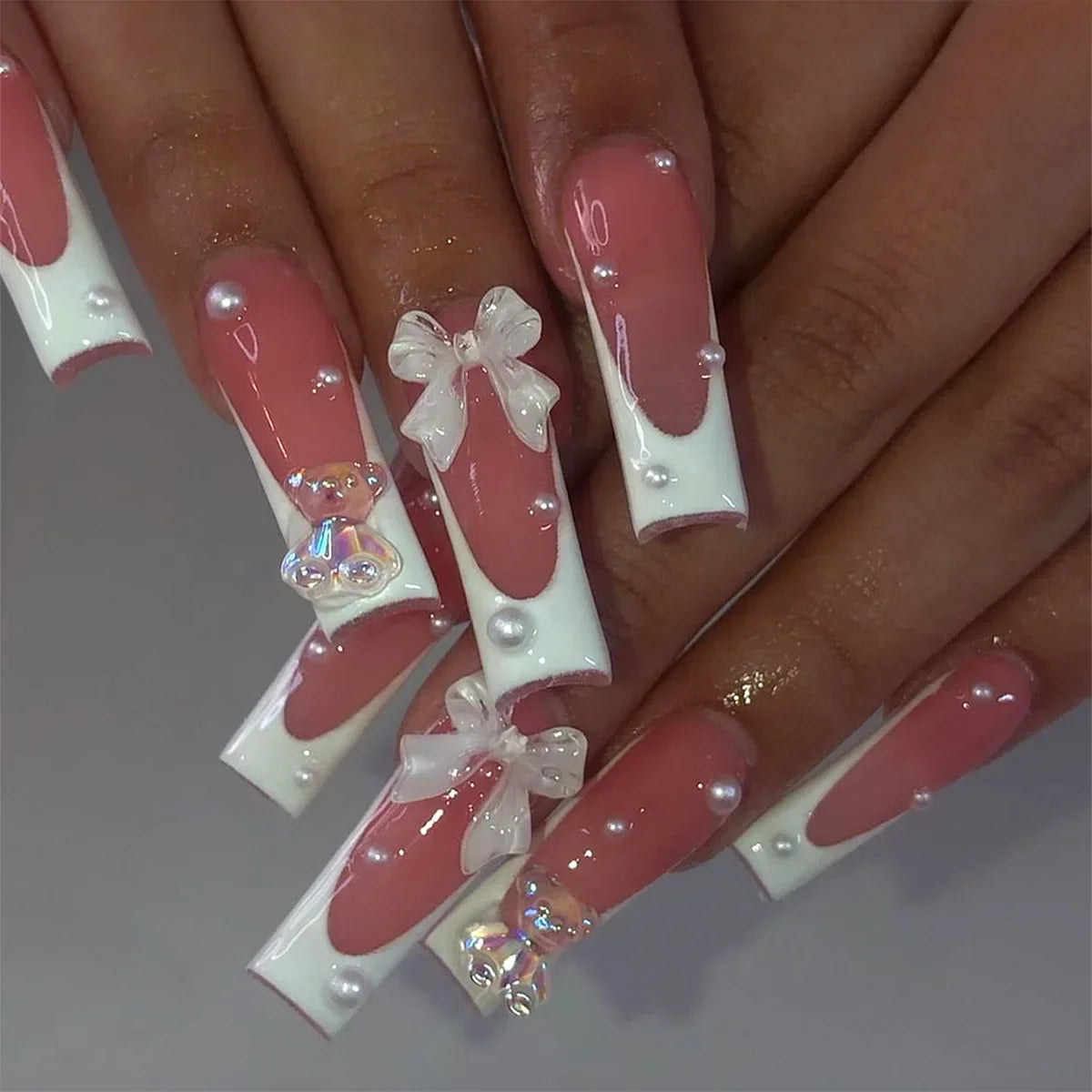 Ingvn  24Pcs Simple Blue French Fake Nails with Diamond Love Pattern Design False Nails Press on Mid-length Ballet Full Cover Nail Tips