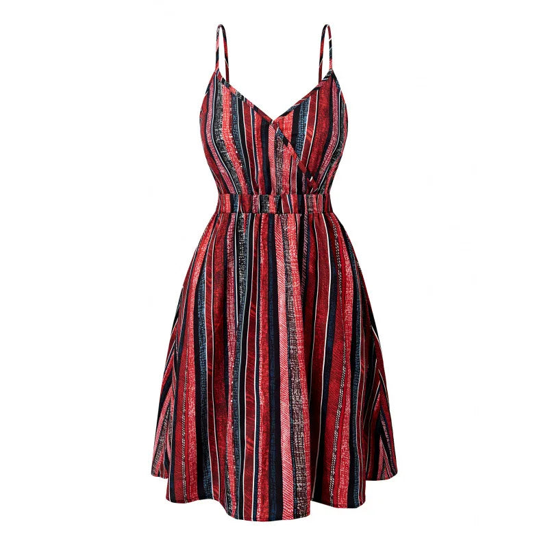 Ingvn  Women Boho Striped V Neck Spaghetti Strap Wrap Casual Summer Beach Mini Dress