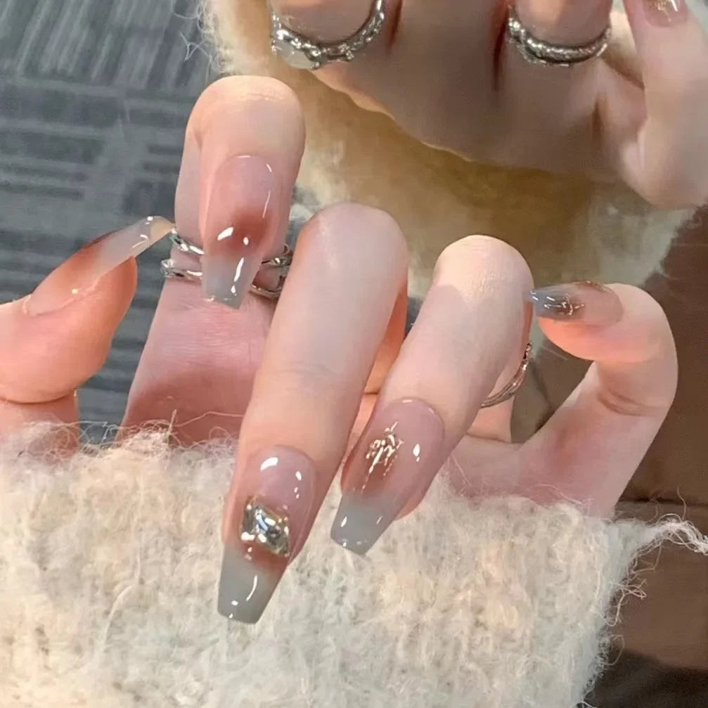 Ingvn  24Pcs Pink Ballet Fake Nails Full Cover Nail Tips Long Ballet False Nails with Rhinestone Chain Design Wearable Press on Nails