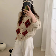 Ingvn - Women's Autumn Winter New Round Neck Color Block Argyle Knit Cardigan Loose Sweater Coat Chic Coquette Trendy  Sweater