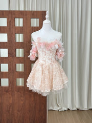 Ingvn  French Elegant Sweet Celebrity 3D Flower Off-Shoulder Lace Embroidery High Waist Slim A-line Fashion Party Short Dress For Women