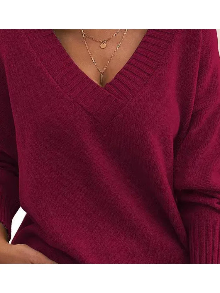 Ingvn - New Long Sleeve Plus Size Pullovers Knitted Sweater Women Casual Loose Red Sweaters V Neck Autumn Winter Clothes Bottoming Tops