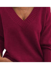 Ingvn - New Long Sleeve Plus Size Pullovers Knitted Sweater Women Casual Loose Red Sweaters V Neck Autumn Winter Clothes Bottoming Tops