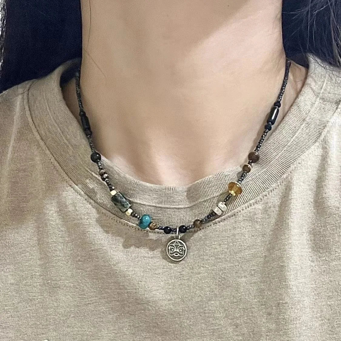 Ingvn  Ping An Lock Handmade Bone Chain with Retro Beaded Design Feeling: A Small Group Necklace with a New Chinese Style Chinese Style