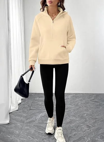 Ingvn - Womens European Style Hoodie Autumn Winter New Style Stand Collar Hooded Design French Sweatshirt Fashion Versatile Top
