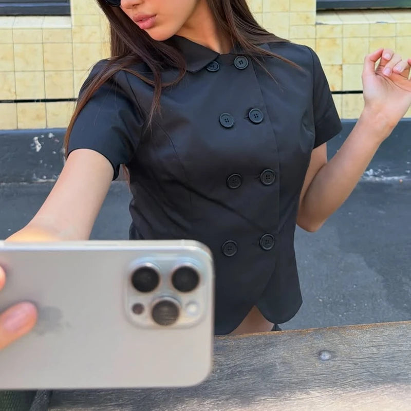 Ingvn  Women Summer Y2k Short Sleeve Coat Double Breasted Shirt Solid Color Lapel Turn-down Collar Slim Fit Blouse Crop Tops