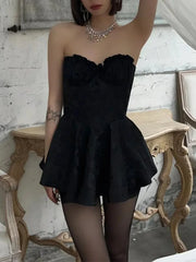 Ingvn  Women Hem Ball Gown Swing Party Skater Low Chest Dress Vestido Sexy Jacquard Satin Ruched Bra Corset style Strapless Mini Robe