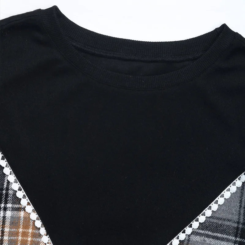 Ingvn - Women Round Neck Plaid Color Block Sweatshirt Lace Trim Long Sleeve Casual Pullover Top