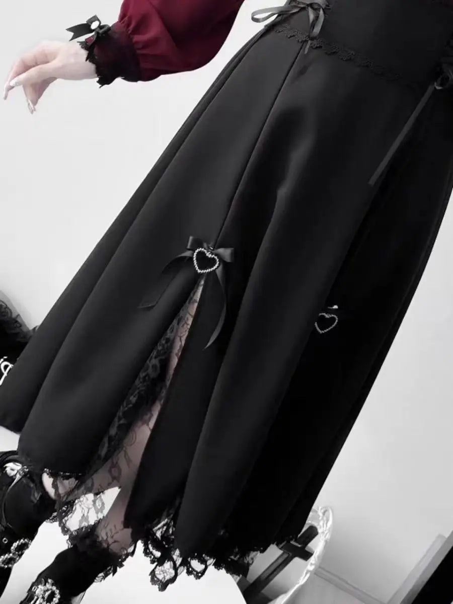 Ingvn  Japanese Lolita Lace Patchwork Shirts Women + New Slim high Waist Midi Black Skirts sweet kawaii Two Piece Sets