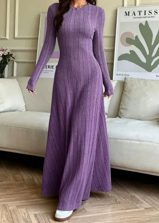 Ingvn - New Autumn And Winter Women's Slim Casual Fit Fashionable Women's Knitted Pit Stripe Solid Color Long Sleeved Round Neck Dress
