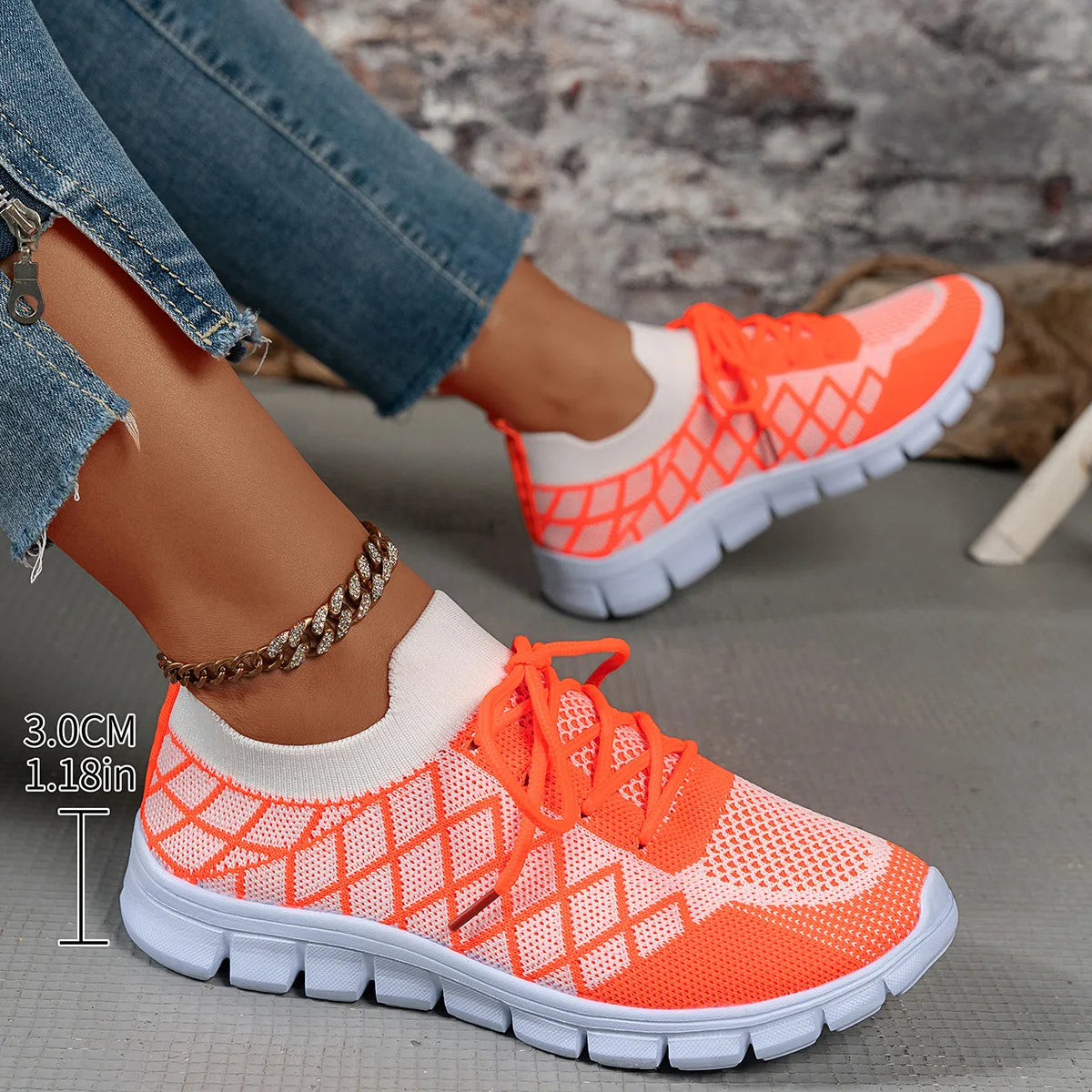 Ingvn  Women's Fashion Strip Plaid Knitted Sneakers Soft Sole Breathable Mesh Running Shoes for Women Lightweight Slip On Tennis Shoes